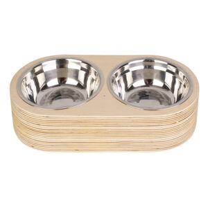 Súprava 2 kovových misiek vo svetlom drevenom podstavci PT LIVING Pet, šírka 15,6 cm